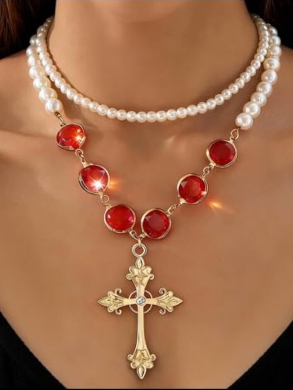 Elegant Red Gem & Pearl Cross Necklace - Gold Tone